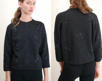 BANFF / BANFF Sweater / Vintage Sweater / 50s Cardigan / 50s Sweater / Crop Sweater / Beaded Sweater / Beaded Cardigan / Wool /Medium Large