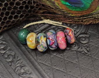 Blown glass, borosilicate, glass, focal, artisan, beads, handmade, lampworked, jewelry supplies, set of 6, bead set, ready to ship.