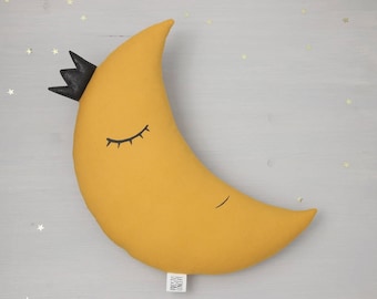 Crescent Moon Pillow With Crown Moon Cushion Kids Pillow mustard Nursery Decor Baby Pillow kids room decor baby shower gift