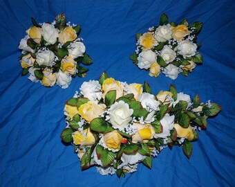 Lemon and Ivory rose shower bridal bouquet and two matching posies