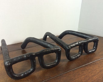 Unique Bookends ~ Heavy Cast Iron Black Unique Book Ends ~ 2 Mid Century Modern Style Glasses ~ Midcentury Paperweights Retro Pop Art