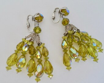 Vintage Peridot Green Crystal Chandelier Earrings Aurora Borealis Crystal Earrings Vintage Clip On Earrings Vintage Crystal Earrings