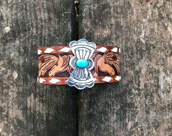 Wild Horse and Feather Cuff, Leather Cuff, Western Ladies Cuff Bracelet, Turquoise Cuff