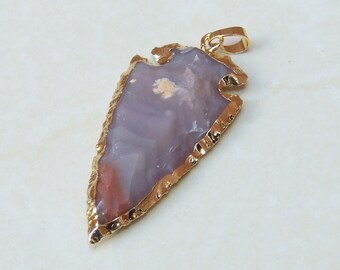 Natural Jasper Arrowhead Pendant. Arrow Pendant - Arrow Jasper Slab Bead - Jasper Pendant - Gold Plated Edge and Bail - 27mm x 54mm - 8381