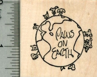 Paws on Earth Rubber Stamp, World Peace Pet Series, Dog, Cat E29616 Wood Mounted
