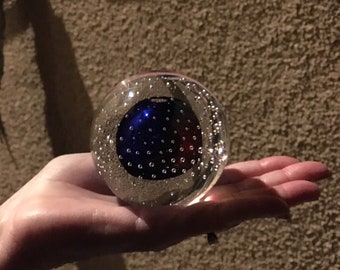 Hand Blown Glass Paperweight - Cobalt Blue & Clear - Regal Look - Signed - Bubble Detailing