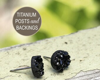 Faux Druzy Stud Titanium Post Earrings, 8mm Black Glitter Studs, Mini Black Faux Drusy