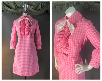 60s dress 1960s vintage PINK GINGHAM CHECK ruffle tuxedo mod dolly twiggy cotton dress