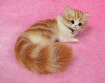 Needle Felted Cute Fluffy Kitten, Orange Tabby: Miniature Wool Felt Cat, Needle Felting