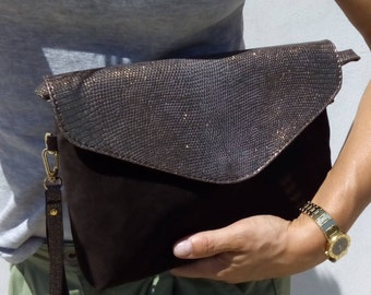 Nubuck and suede and python Python clutch bag