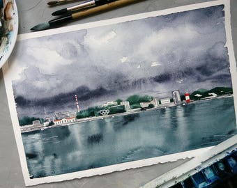 Watercolor cityscape Original Abstract Painting City painting Cityscape art Rain painting