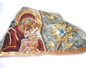 Madonna Icon On Stone Circa 1950s