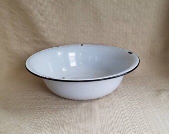 White and Black Enamel Bowl, Large French White Enamelware Bowl, Farmhouse Table Centerpiece, Chippy Paint, Shabby Cottage Chic Home Decor