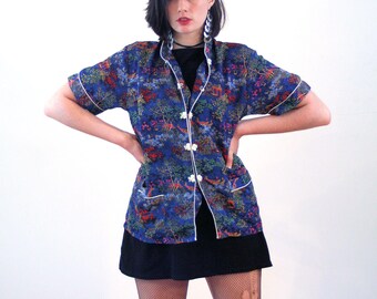 80s Asian Top L, Blue Cheongsam Chinese Blouse Iridescent Jacquard Cantonese Vintage Pajama Shirt, Large