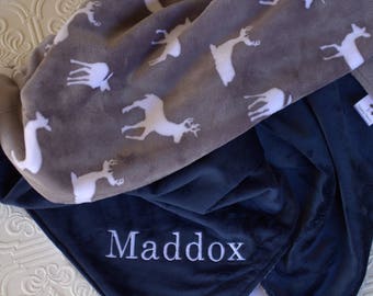 Baby Blankets, Personalized Baby Boy Blanket with Name, Gray Deer Baby Blanket, Personalized Baby Blanket, Woodland Animals Minky Blanket