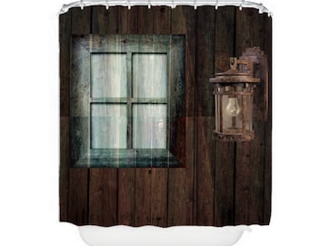 Rustic Primitive Weathered Wood Shower Curtain Barn Lantern Window