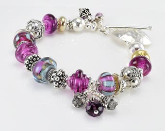 Lampwork Bracelet - Purple Lampwork Bali Sterling Silver Bead Bracelet - KTBL