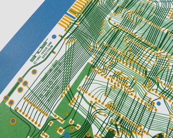 Sinclair ZX Spectrum Issue One screen print yellow greens and sky blue art silkscreen circuit portrait retro computing