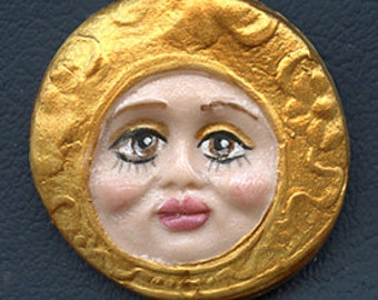 Sale ! Polymer Clay Detailed Brown Eyed Golden Face Cab 1 1/2" X 1 1/2" BRM 1