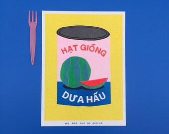 A risograph print of a colorful can full of watermelon seeds