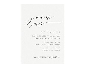 Melia: 'Join Us' Printable Wedding Invitation Template, 5"x7", Calligraphy Wedding Invitation Suite, Simply Editable, PDF Instant Download