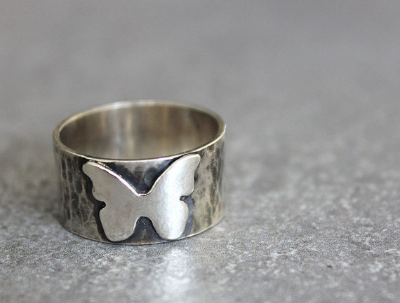 Silver butterfly ring Sterling silver wide band ring