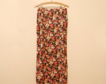 Black Floral Print Maxi-Skirt - Early 90s