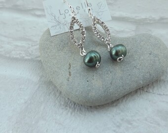 Earrings Dangle Drop Sterling Silver Pearl Green