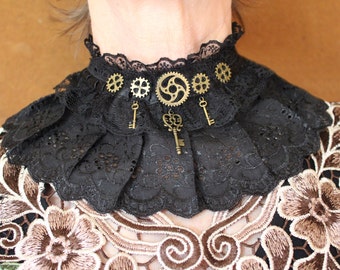 Steampunk collar Gothic Victorian lace collar necklace in black cotton with keys