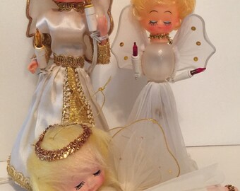 3 Vintage Christmas Angels Lighted tree topper ornaments Fuzzy hair
