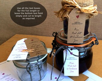 Printable mason jar tag template, editable kitchenware labelling, foodie gift tags, 2 lengths | Instant download
