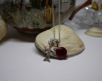 Pomegranate /Enamel and Cross/Engraved two in one Pendant for her , silver sterling 925 , handmade