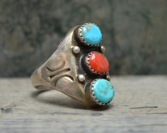 Old Pawn Coral Turquoise Men's Ring - Size 9