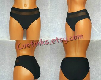 HIGH Rise Mesh BIKINI Bottoms Black Mesh Bikini Bottom Womens Swimwear Womens Bikini Bottoms Mesh Swimwear