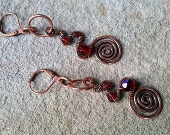 Rustic Copper Swirl Drop Earrings with Red Beads//Gifts for Her//Copper Dangle Earrings//Earrings//Hammered Metal Dangles//Boho Earrings