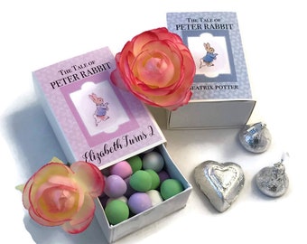 Peter Rabbit Shower Favors | Beatrix Potter Vintage Book | Slider Match Book Box | New Baby Boy Girl One Year Birthday | Set/20 Personalized