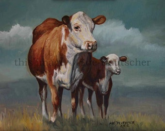 Cow Cattle Heifer Calf Hereford art print 11x14