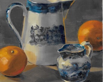 Original Small Still Life Oil Painting - "Vintage Blue and White" 8" x 8" unframed