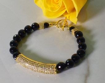 Faceted Onyx Beaded Bracelet with Cubic Zirconia Tube Focal Bead