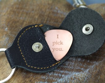 Personalized Guitar Pick , Father's Day Gift for Him , Custom Engraved with Leather Case Key Ring Anniversary Gift for Him , Engraved Gifts