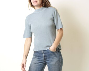 vintage RIBBED mock TURTLENECK late 90s y2k vintage MINT blue green faded top women's vintage shirt