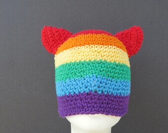 cotton pussy hat/ rainbow stripe crochet