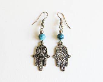 Vintage Silver Tone Hamsa Hand Dangle Earrings