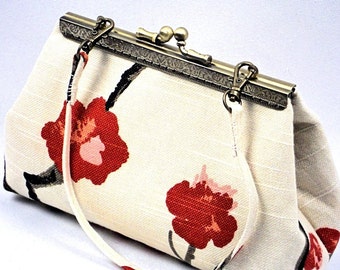 Clutch Purse Cherry Blossom & Cream, Bridesmaid Clutch Bag, Handmade Handbag Metal Frame Purse by WhiteCross Designs in USA Ready to Ship