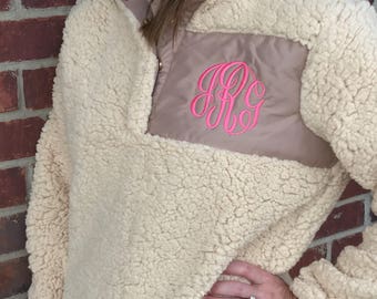 IN STOCK Monogram Sherpa Pullover Jacket, Monogram Sherpa Fleece Pullover, Monogram Fur Pullover, Sherpa Fleece Pullover, Fleece Pullover