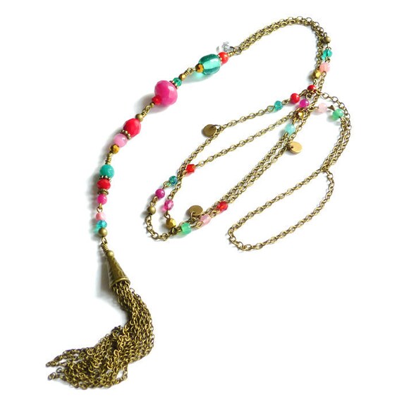 Colorful tassel necklace, Long tassel necklace, Boho necklace, Boho style jewelry, Colorful boho necklace, Bohemian necklace,