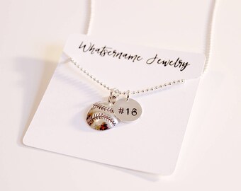 Baseball Softball with Hand Stamped Number Necklace, Silver Baseball Necklace, Silver Softball Necklace, Baseball Softball Jersey Necklace
