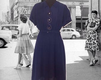 Vintage 1940s Crepe Dress Demi Tasse Navy Blue Satin Soutache Embellishment 40s Day Dress Church Dress