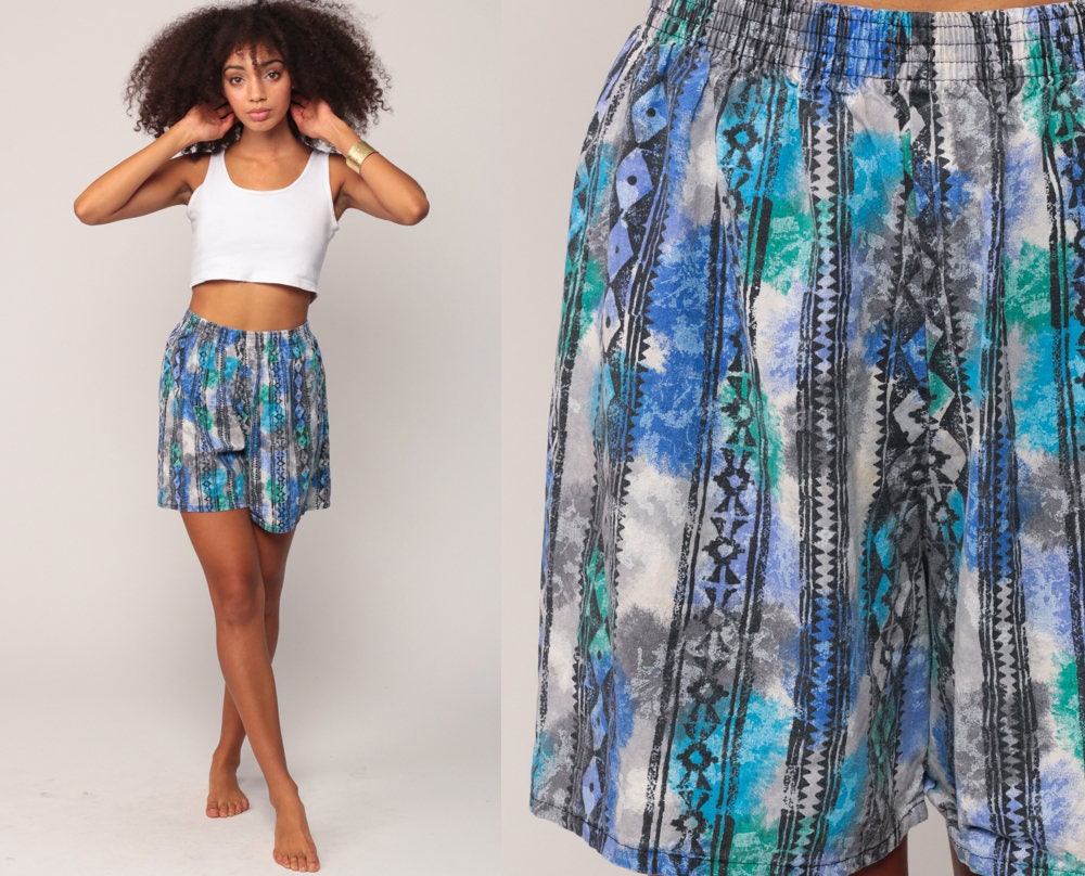 Beach Shorts 90s Shorts Batik Shorts Tribal Print Blue High