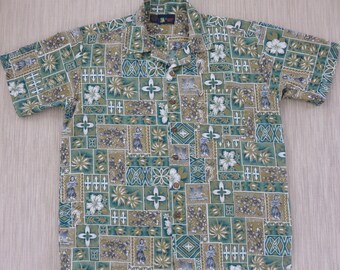 Hawaiian Shirt Men ROUNDY BAY Tropical Aloha Shirt Ukulele Tribal Tiki Mosaic Tiles Mod Funky Beach Party Shirt - L - Oahu Lew's Shirt Shack